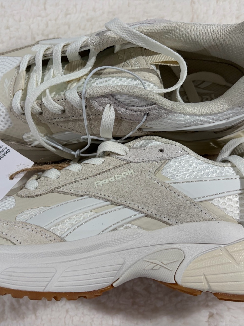 Reebok Women’s White and Tan Mesh Suede Sneakers